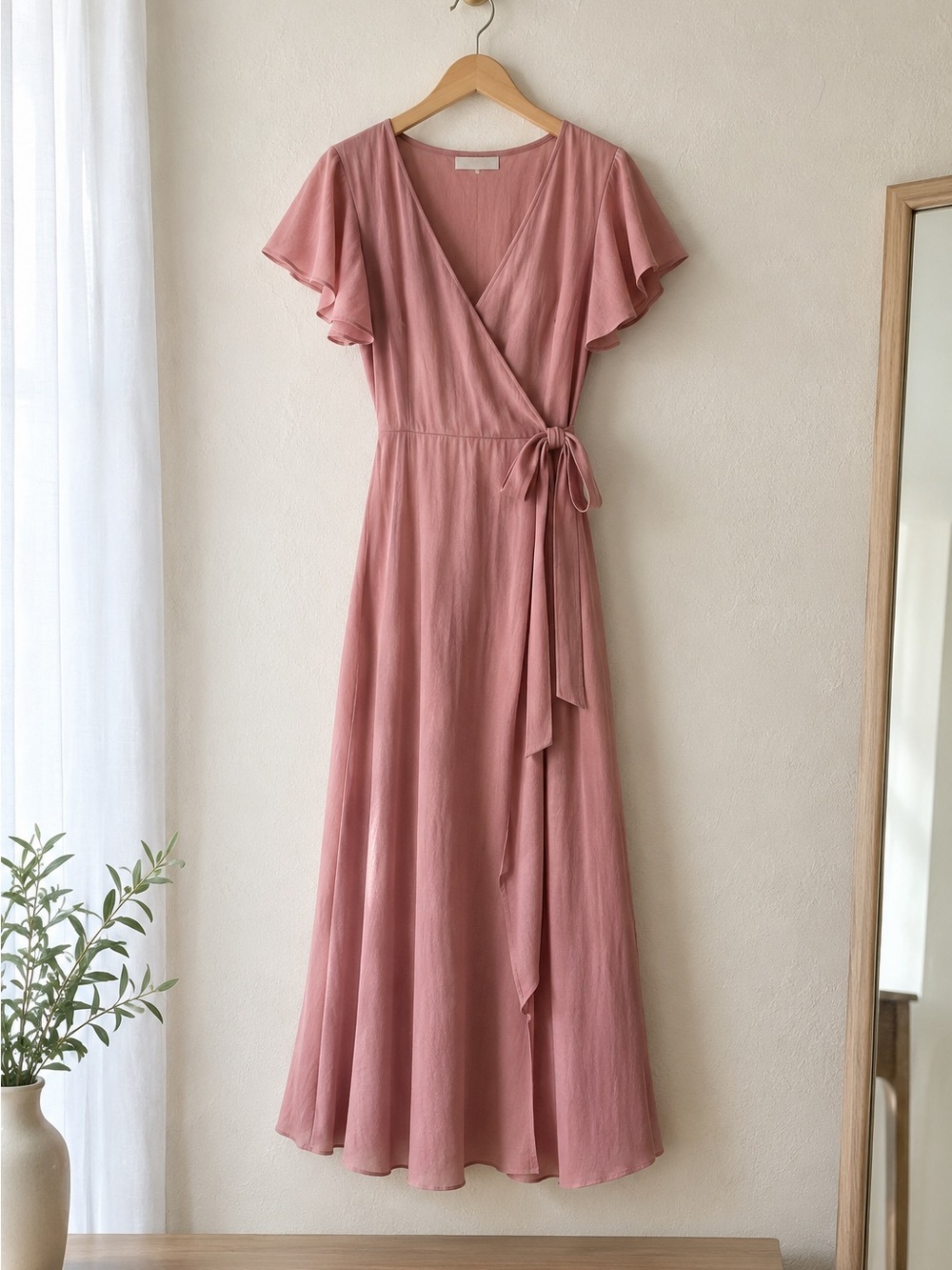 Tie-Waist Maxi Wrap Dress in Dusty Rose